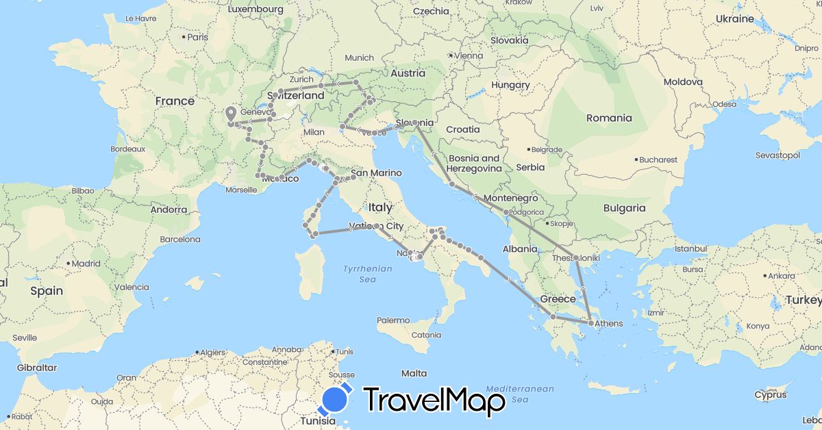 TravelMap itinerary: plane in Austria, Switzerland, France, Greece, Croatia, Italy, Liechtenstein, Montenegro, Slovenia (Europe)